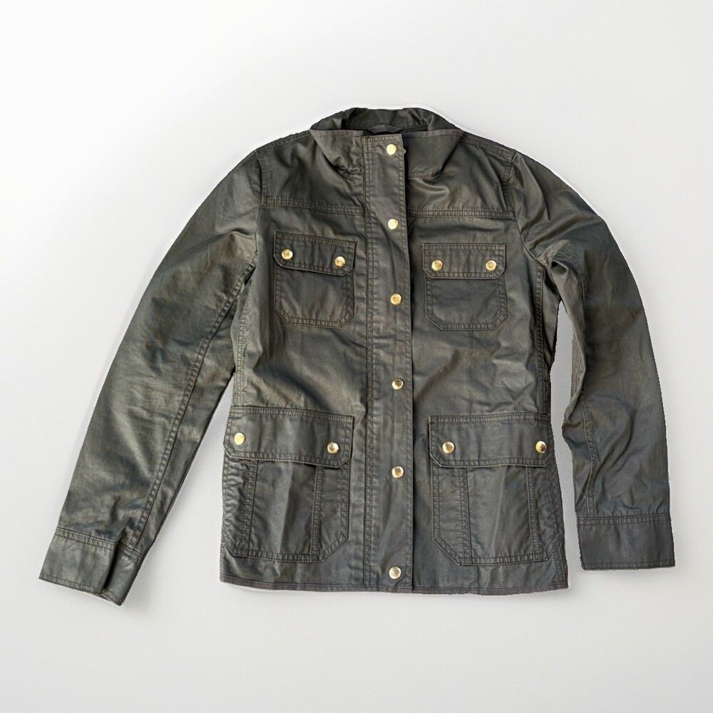 JCrew Downtown Field Jacket Womens S Moss Green Waxed Cotton Utility Coat Gold